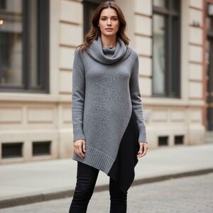 Love Token Two-Tone Gray and Black Cowl Neck Asymmetrical Long Sweater‎